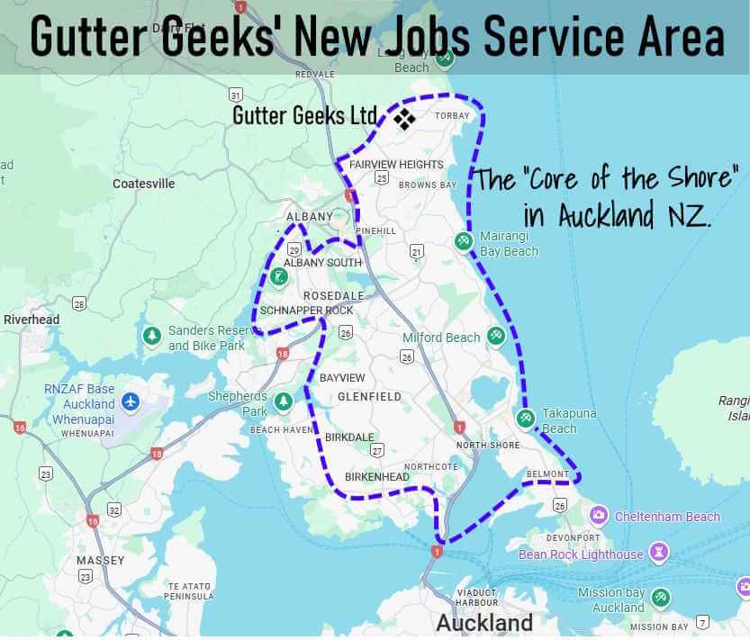 Map showing the Gutter Geeks gutter cleaning service area on Auckland's North Shore